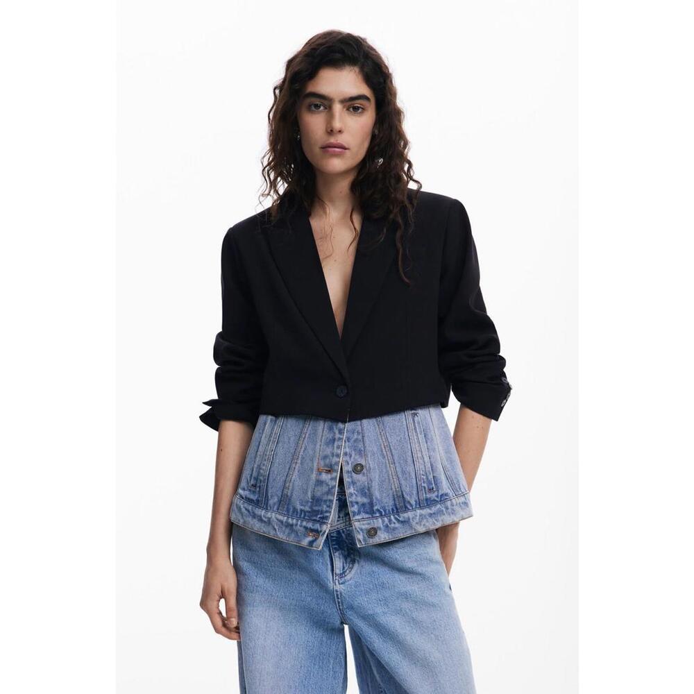 Black Cropped Blazer with Denim Peplum